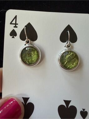 Silver Drop Earrings with Olive Green Glass Cabochons